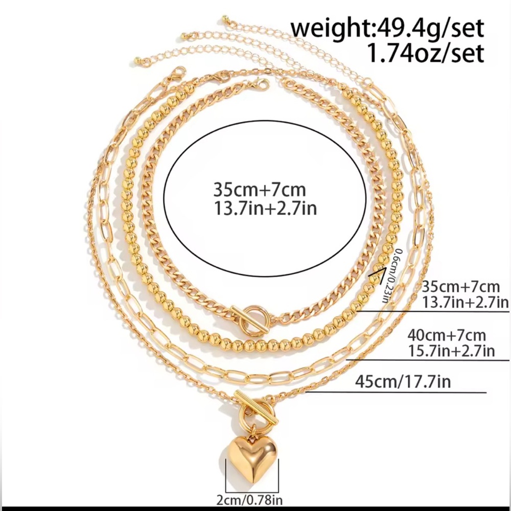 4-Piece Gold Layered Necklace Set w/ Heart Pendant – Y2K Chic - Picture 4 of 5
